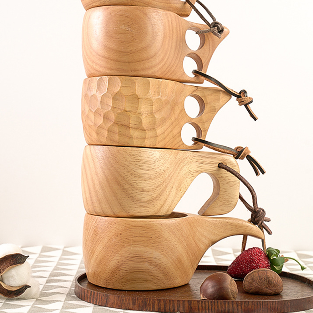 Taza de café portátil con mango de madera, gancho de cuerda de cuero de dos agujeros para zumo, taza de té de la leche, tazas de agua de cocina de protección medioambiental