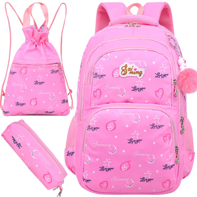 3 stk/sæt børn skoletaske søde piger rygsække udskrivning rejsetaske skoletaske nylon lynlås skoletasker: Lyserød
