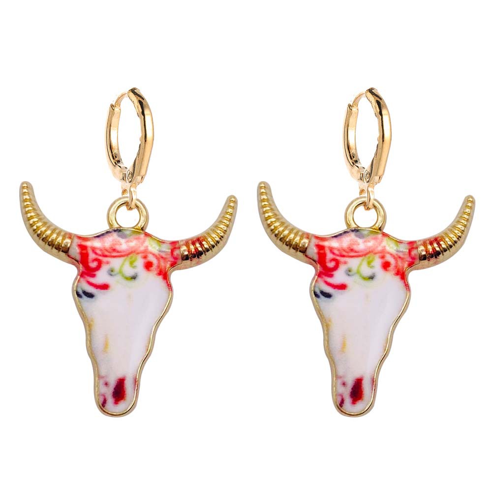 Pendientes de cabeza de toro esmaltados coloridos, vaquera occidental, pendientes colgantes de aleación, joyería: Bañado en rodio de imitación
