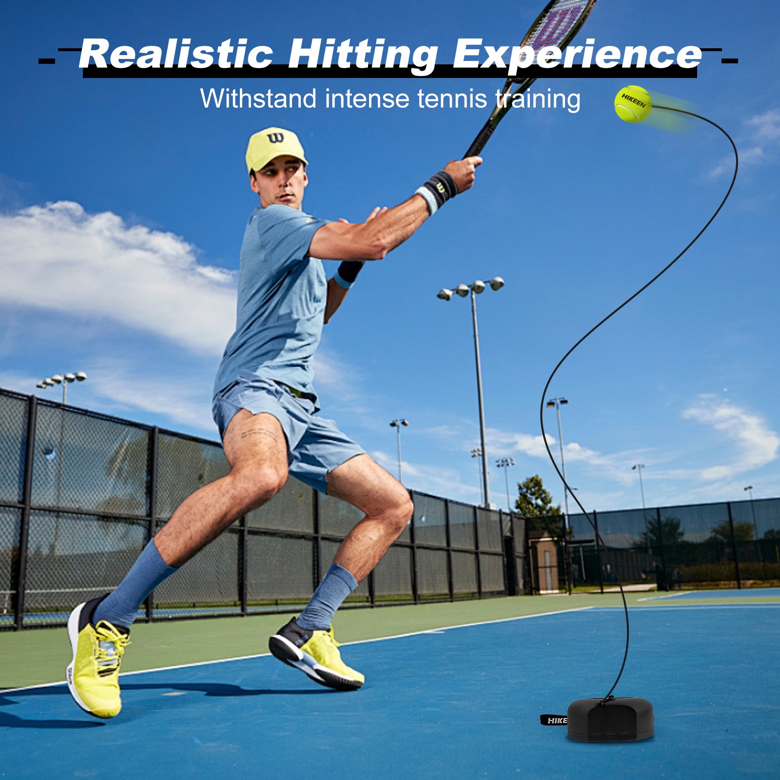 Hikeen Premium entraîneur de Tennis rebond avec Base en métal, ensemble d'entraînement de Tennis Solo Portable avec 3 balles à cordes hautement élastiques