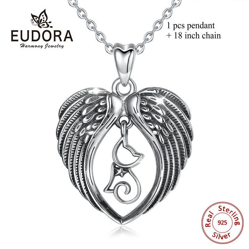 EUDORA 925 Sterling Silver Bella Gatto e di Angelo Dell&#39;ala Del Pendente Del Cuore Collana In Argento Sterling Gioielli Vintage Squisito Regalo CYD410: with 18 inch chain