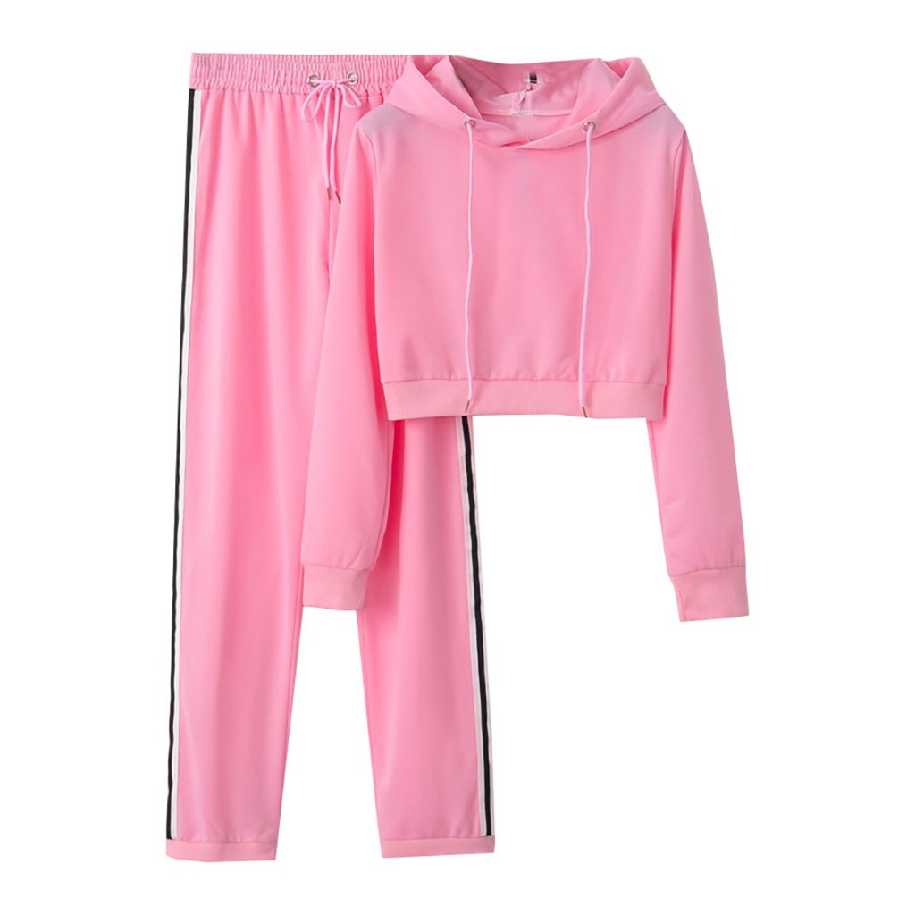 2 Piece Set Women Winter Women's Sports Suit Women Casual Sportswear Suit Trousers Set Long Sleeve Crop Tops + Pants#3: M / Pink