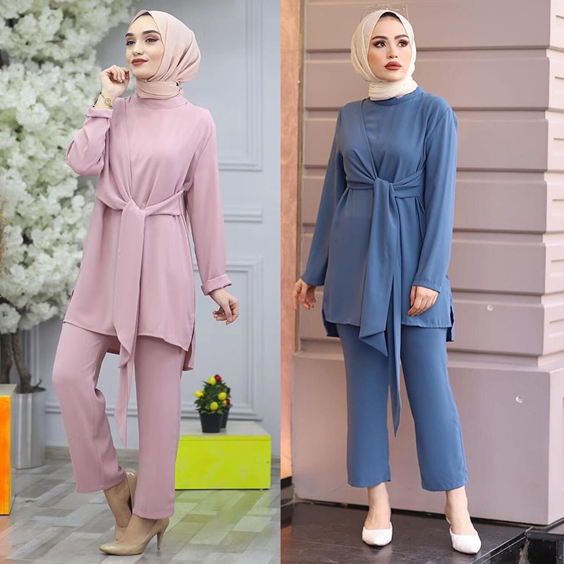 Eid tvådelade muslimska set kvinnor abaya kalkon hijab klänning kaftan marockansk kaftan islam kläder abayas musulman ensembler ramadan
