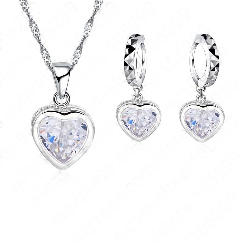 Sieraden Hart Shiny Cubic Zirkoon Set 925 Sterling Zilver Cz Ketting + Dangle/Hoepel Oorbellen Sets Voor Vrouwen vrouwelijke