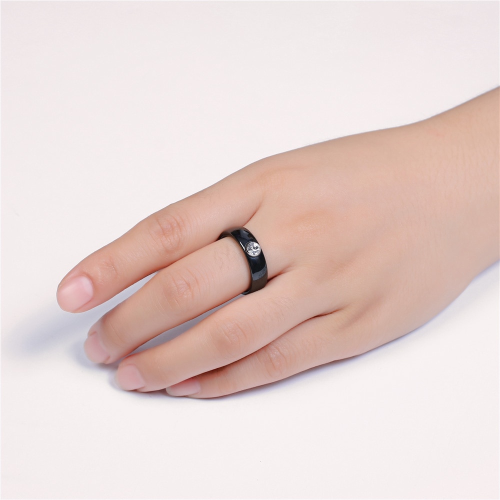 Black&White Ceramic Rings For Women 6mm Round Wide Smooth Female Rings Big Crystal Cubic Zircon Wedding Engagement Rings