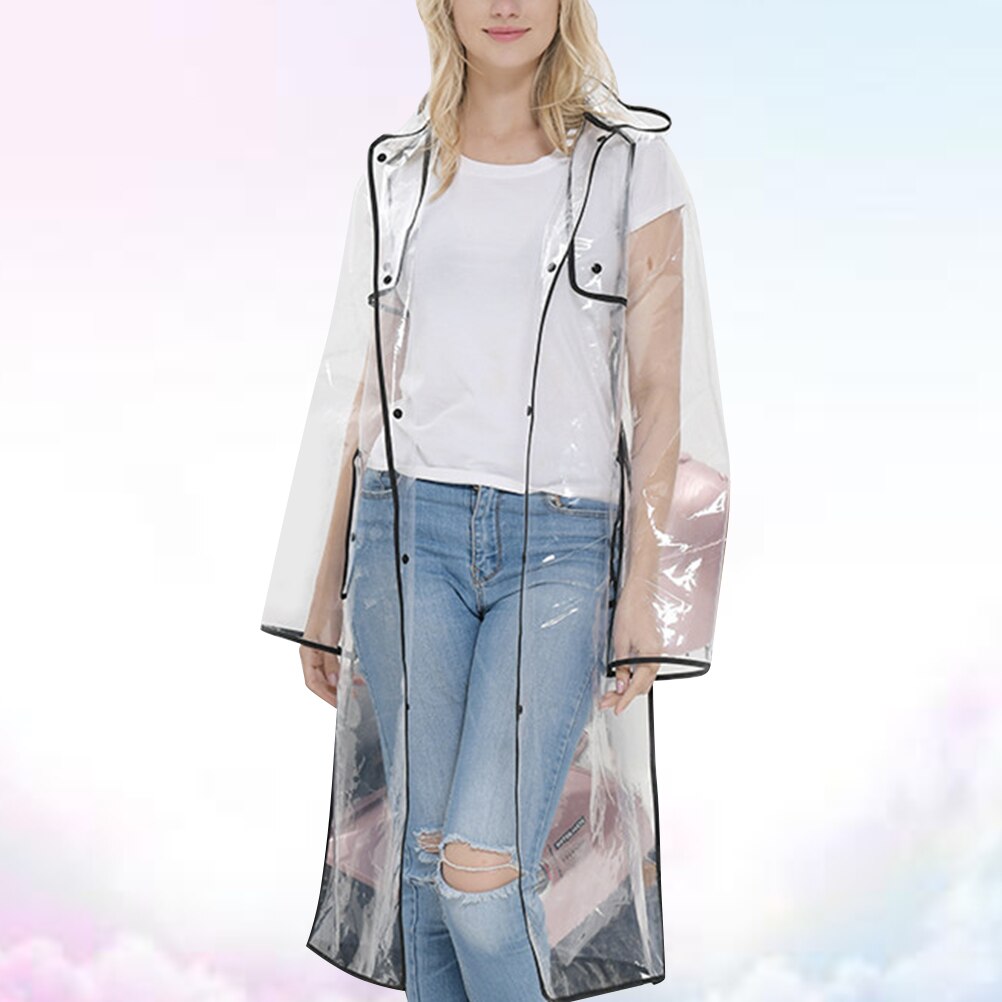 1 Pc Transparent Raincoat Thicken Mid-long Lovely Black Edge Slicker Hooded Rain Coat for Adults Female