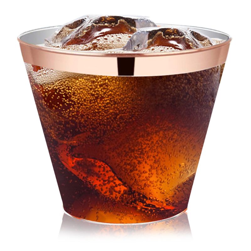 100 Gold Plastic Cups 9 Oz Clear Old Fashioned Tumblers Gold Rimmed Cups