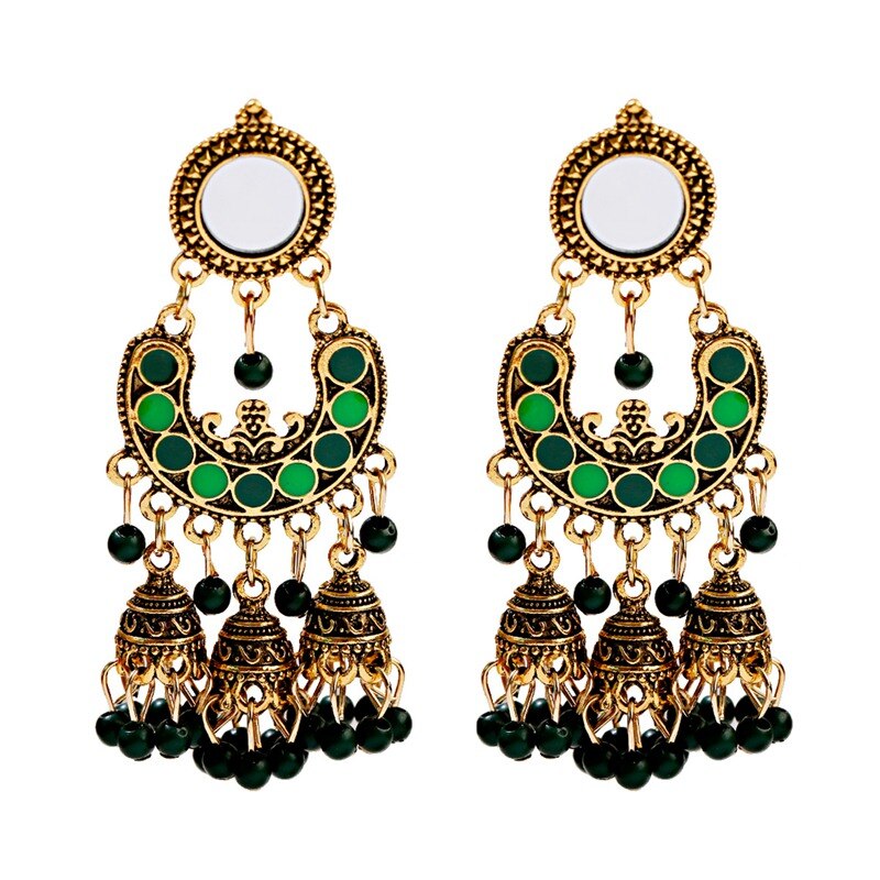 Ethnic Silver Color Gypsy Indian Earrings For Women Boho Jewelry Beads Bell Tassel Jhumka Earrings Ladies Retro Earrings