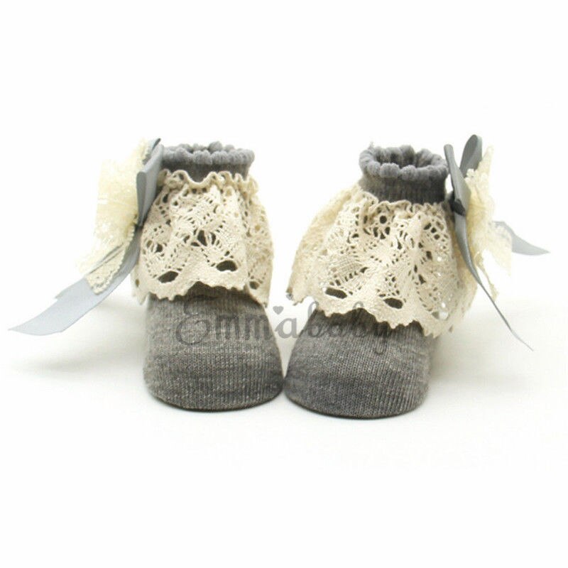 Baby Sock 1 Pair Girl Kids Newborn Baby Lace Ruffle Socks Warm Bowknot Non-slip Cotton Ankle Socks: Gray