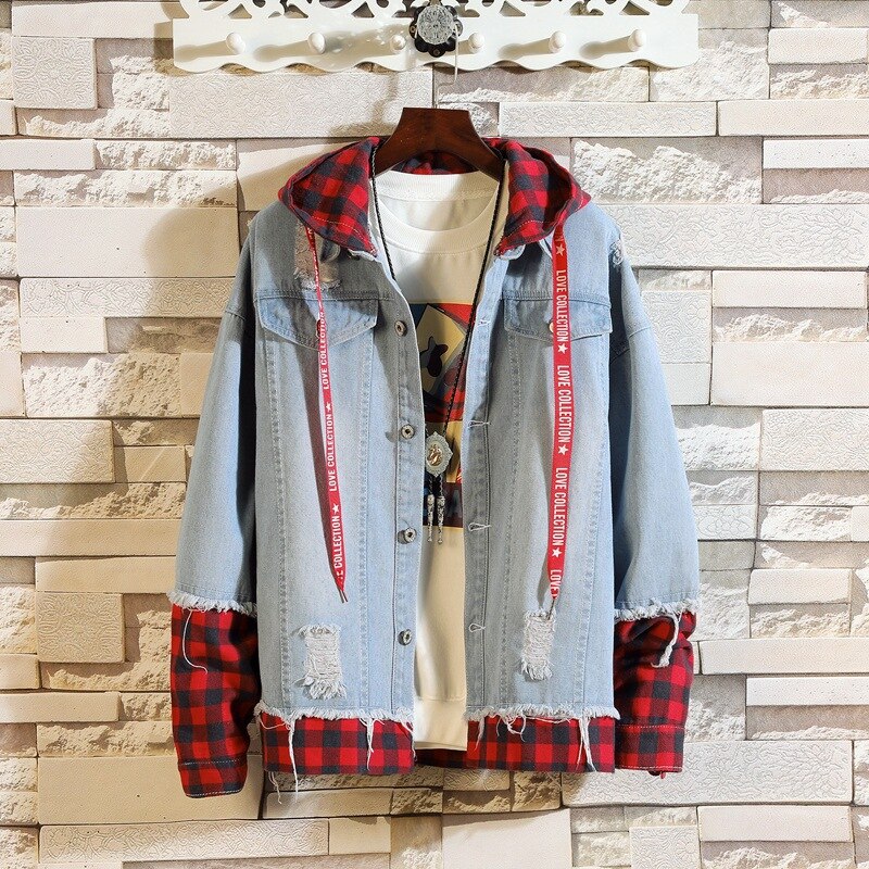 Blue Denim Jacket Men Autumn Slim Fit Hooded Ripped Jean Jacket Coat Hip Hop Streetwear Patchwork Outfit: light blue / M