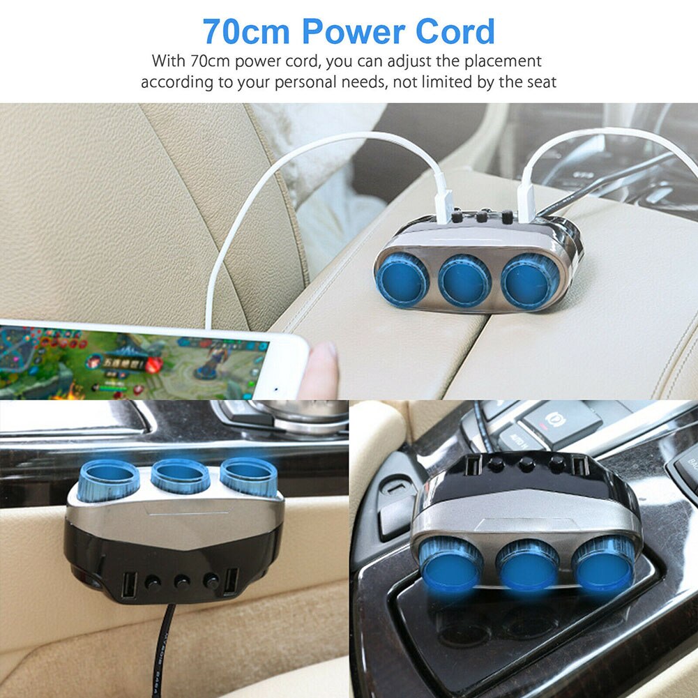 Universele 3 -weg auto sigarettenaansteker aansluiting verdeler dubbele usb autolader stroomadapter met schakelaar autobenodigdheden