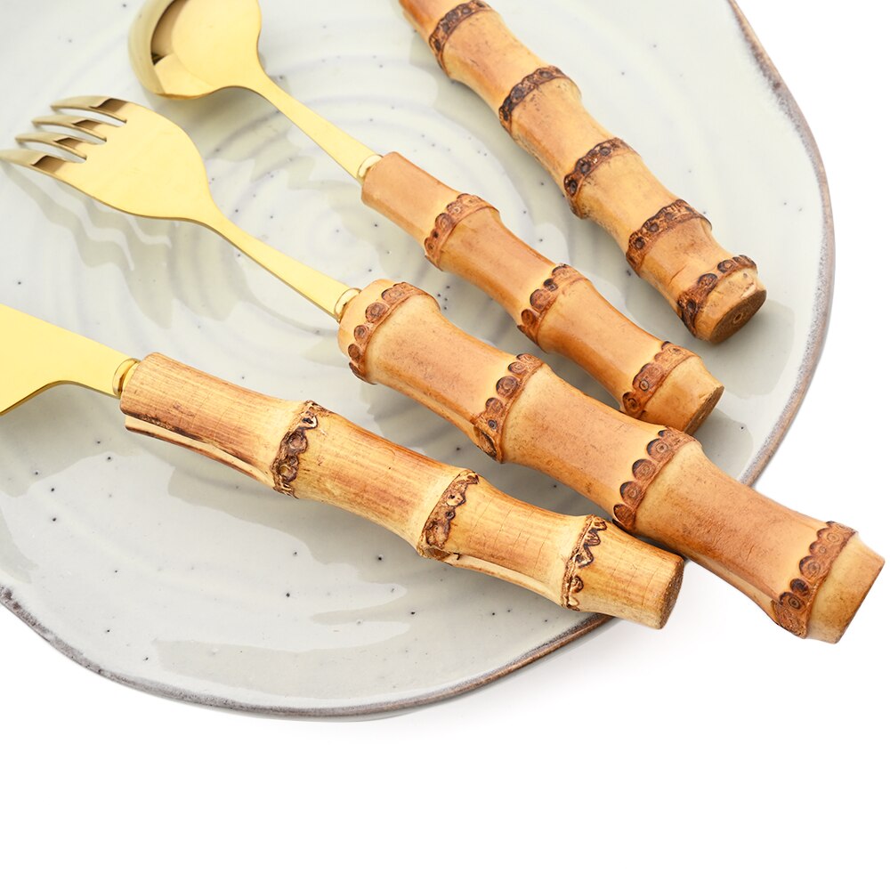 Bamboo Handle Cutlery Set Steak Knife Fork Coffee Tea Spoon Tableware Set Mirror Stainless Steel Flatware Kitchen Dinnerware Set