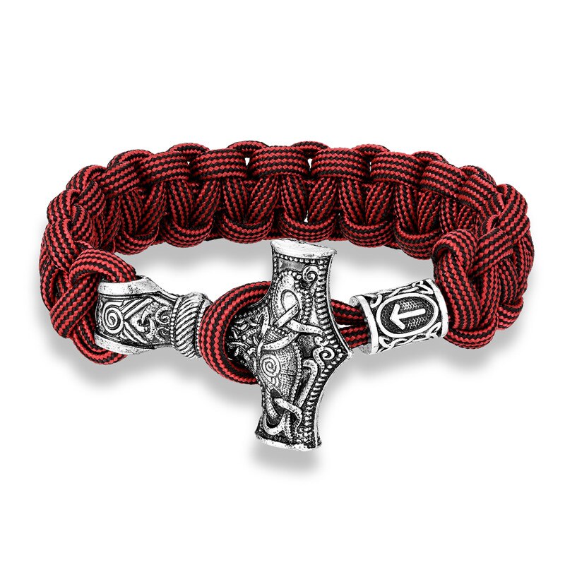 Mkendn pulseira de cordas viking, pulseira de sobrevivência de cordão de metal artesanal, thor mjolnir, cordão de paracord: V081