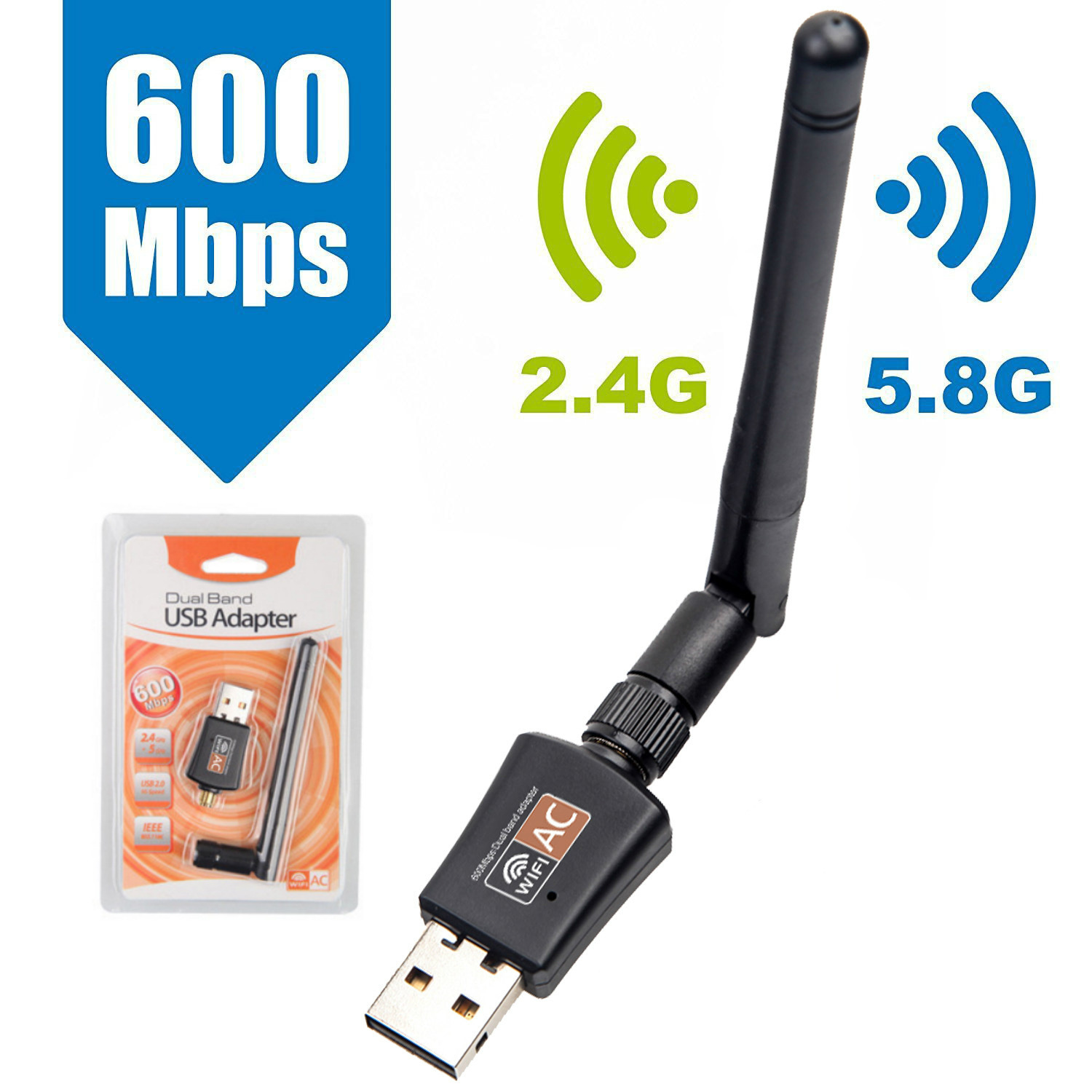 360 tragbare 600 Mbit/s Dualband 5 GHz Wireless-Netzwerkkarte Lan USB PC WiFi-Adapter Antenne 802.11AC