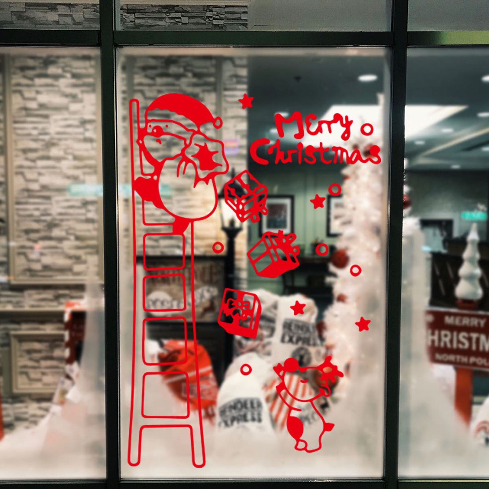 Merry Christmas Letters Wall Stickers Santa Claus Static Sticker Ladder Old Man Scene Removable Window Sticker Home Decoration: A