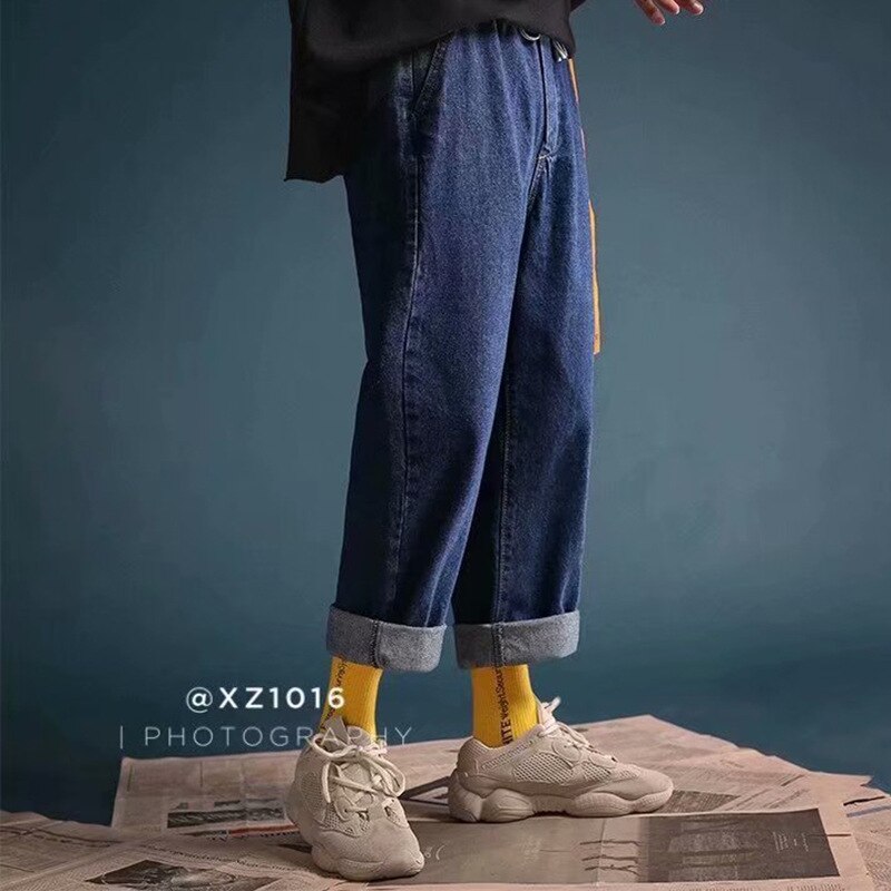 Män solida lösa jeans herr höst vida jeans byxor jeans man vintage raka ankellånga jeans plus storlek