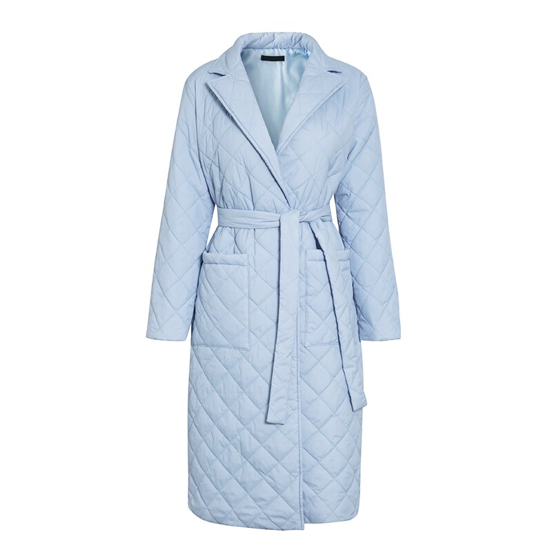 LUZUZI-abrigo largo argyle para mujer, parkas finas con cuello, abrigo con cinturón, abrigo a cuadros para invierno: Light blue / L