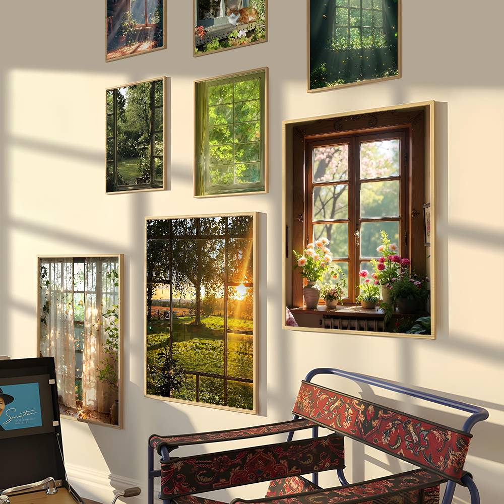 Groene landschap raamposter zelfklevende poster muurdecoratie geschikt voor woonkamer, slaapkamer, bar, babykamer hd frameloos