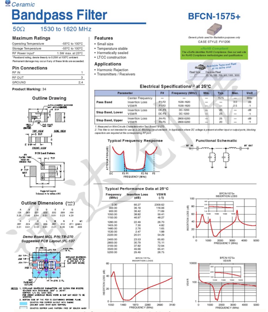 1 Uds Mini-Circuitos BFCN-1525 + BFCN-1575 + BFCN-1860 + BFCN-2275 + BFCN-2360 + BFCN-2435 + filtro de paso de banda FV1206 MINI BFCN chip