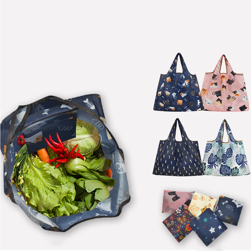 Pocket Tote Women Bag Eco-Friendly Folding Shopping Bag Reusable Portable Shoulder Handbag for Travel Supermarket