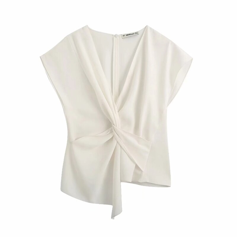 Novedad de , blusa de mujer a la con escote en v en color blanco y negro, blusa en la parte delantera, camisas irregulares de oficina para mujer, blusas elegantes simples LS6701: BB LS6701W / S