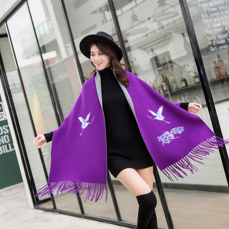Dames sjaal borduren rode kraanvogel warme kwastjes poncho met mouwen wintersjaal cape voor dames dikke mantel