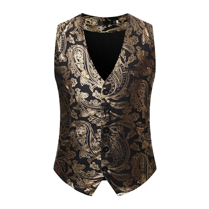 Guld paisley steampunk jakkesæt vest mænd gilet homme kostume slim fit enkeltradet vest mænd dj club party smoking veste mænd: Sort / Xxl
