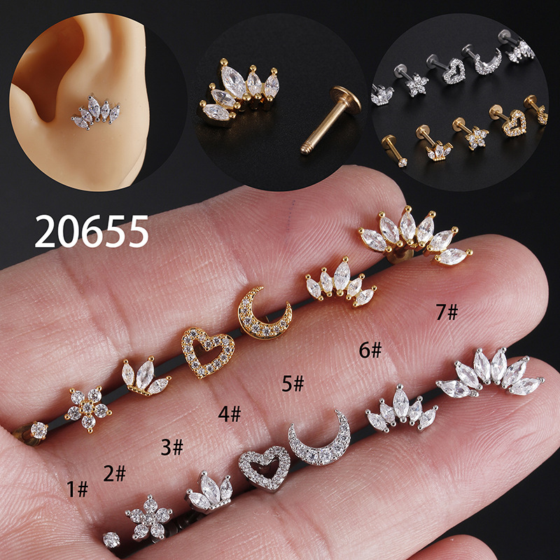 1 Pcs 16G Mode Crystal Oor Piercing Stud Ster Hart Bloem Kraakbeen Helix Schelp Schroef Terug Oorbellen Voor vrouw Sieraden: Blauw / Licht Geel Goud Kleur