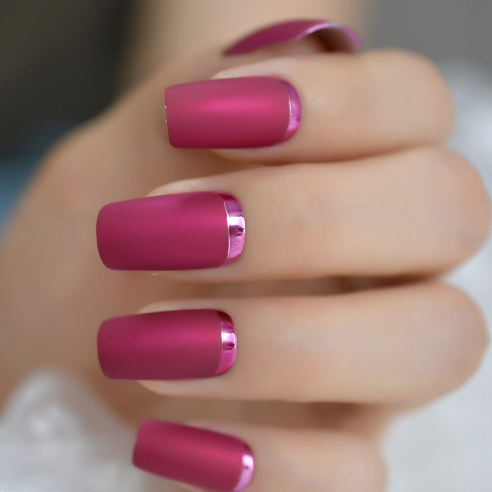 Vierkante Matte Metalen Nagels Cherry Rose Roze Layer Frosted Kastanjebruin Nagels Kunstmatige Acryl Druk Op Nagels: L5231