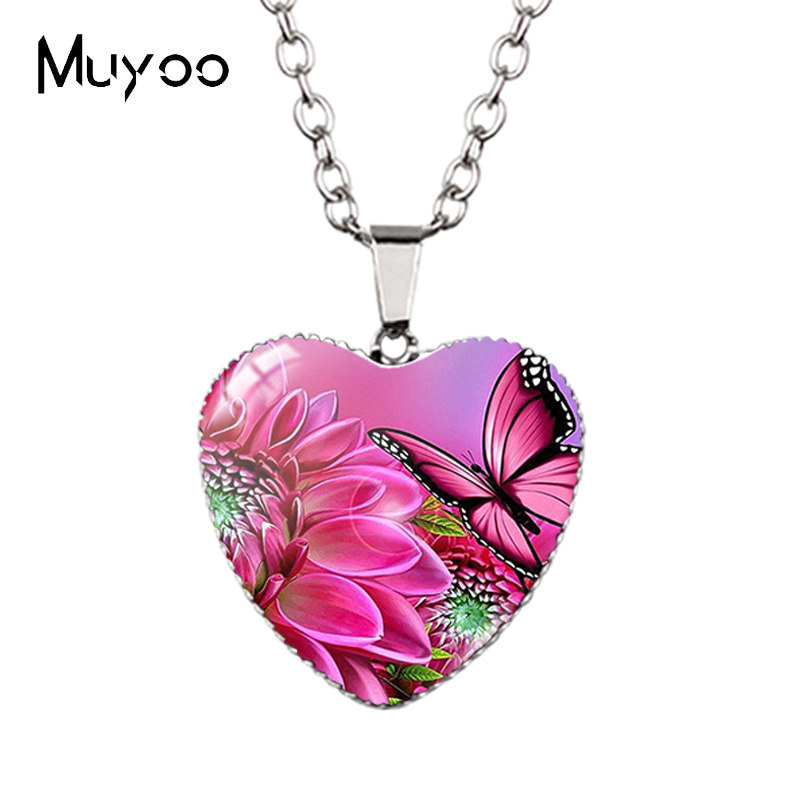 Landscape Animal Swans Butterflies Peacock Oil Painting Handcraft Heart Jewelry Pendant Necklace HZ3: Blue Zinc Plated