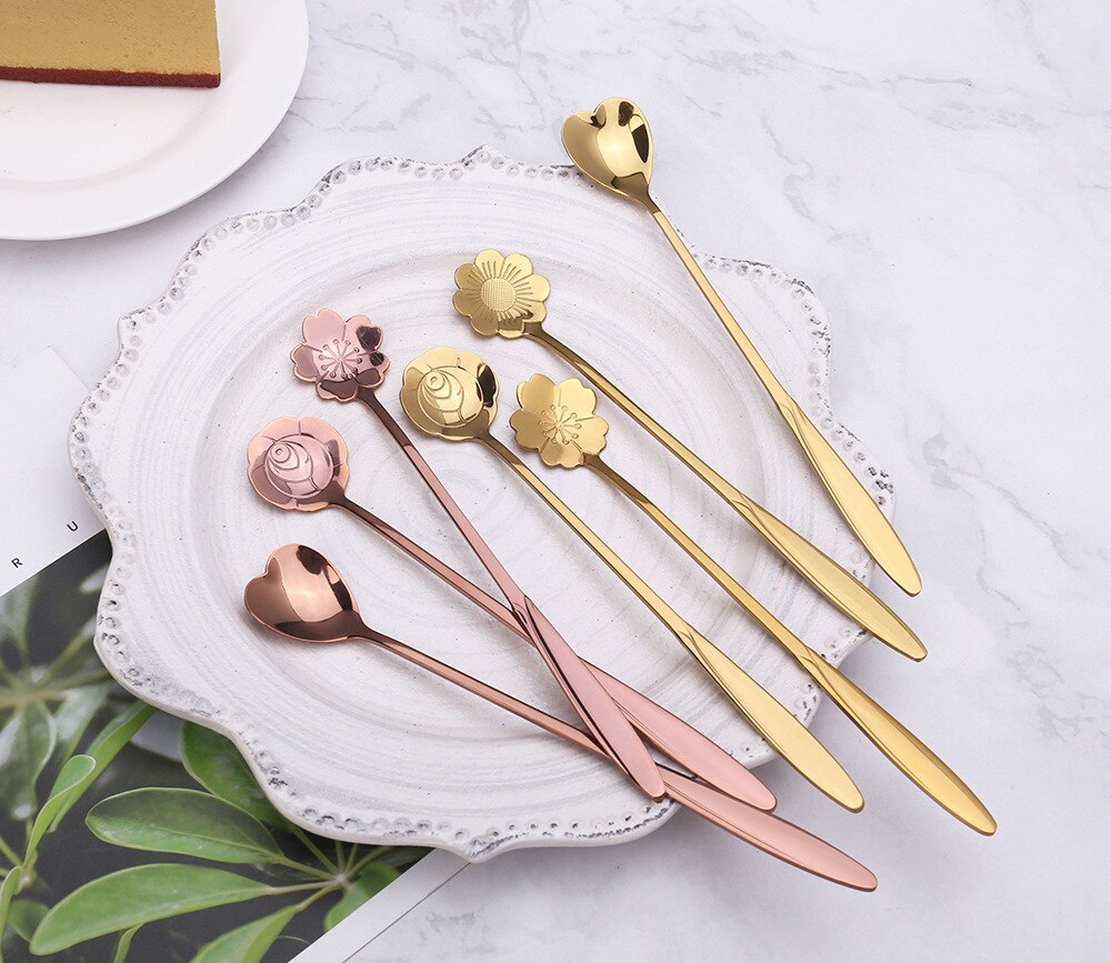 Gouden Bloem Scoop Japanse Roestvrij Staal Thee Prachtige Vergulde Lepel Roer Kleine Dessert Lepel Koffie Lepel