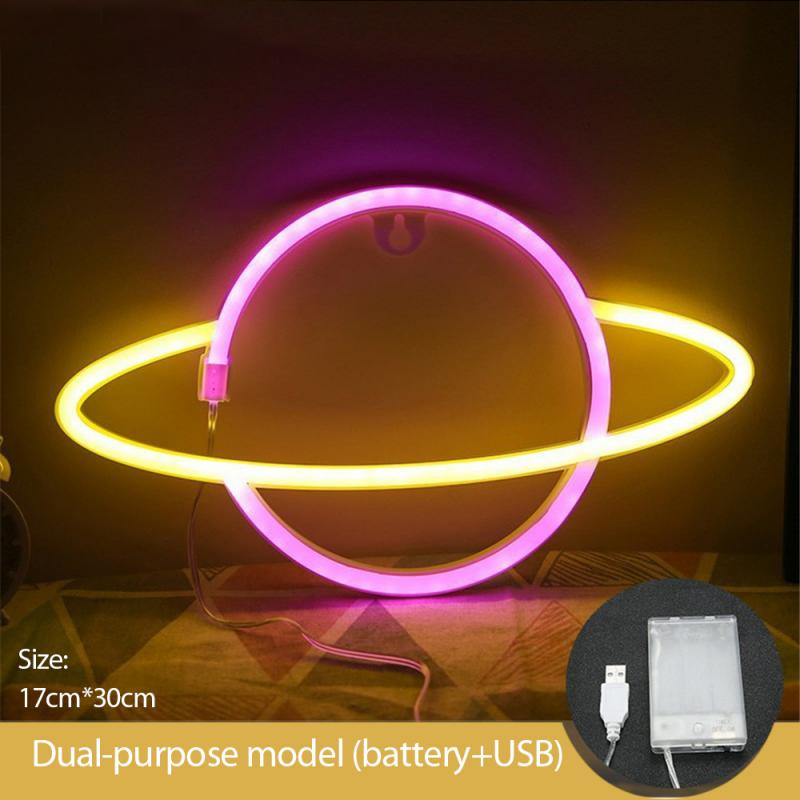 Planeta cartel de neón para Bar de la luz de la pared LED colgante para escaparate de Navidad decoración atística de pared luces de neón Lámpara USB alimentado por batería o: pink warm