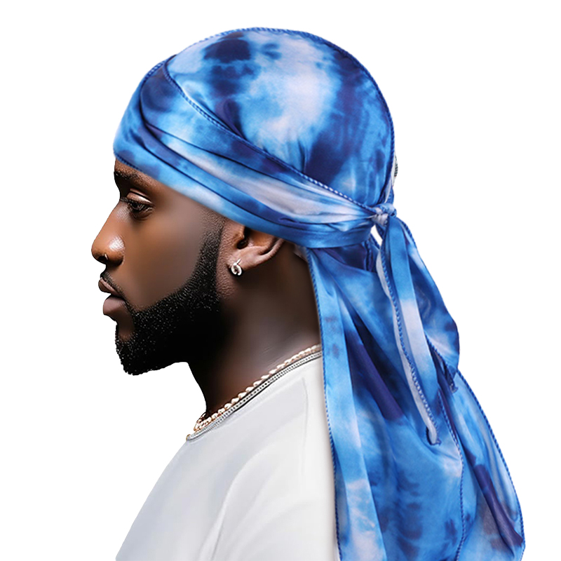 Novo tingido de seda Durag Bandana com cauda longa e alça larga Colorido Durag Cap touca de banho para homens e mulheres: Lavanda