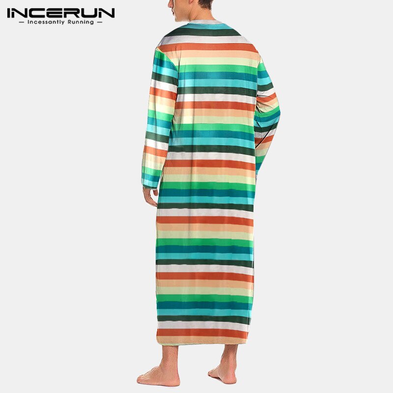 INCERUN Men Robes Striped Colorful Leisure O Neck Long Sleeve Bathrobes Loose Nightgown Comfortable Soft Men Dressing Gown S-5XL