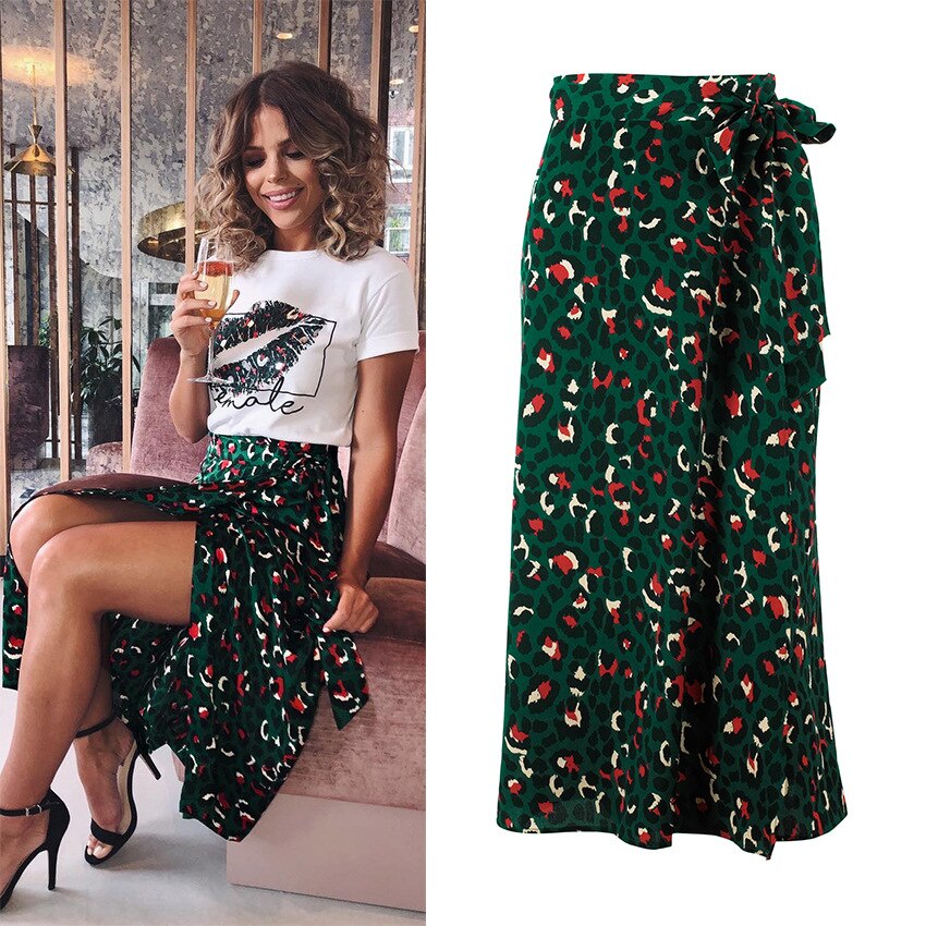 Leopard Animal Print High Waist Side Slit Long Skirt
