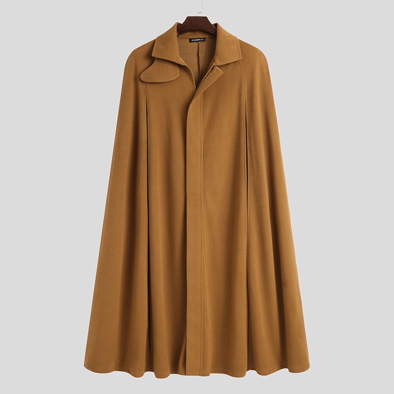 INCERUN Männer Mantel Mäntel Streetwear Lose Einfarbig Stehen Kragen Split Herren Graben Cape Chic Lange Stil Poncho S-5XL: Khaki / XL