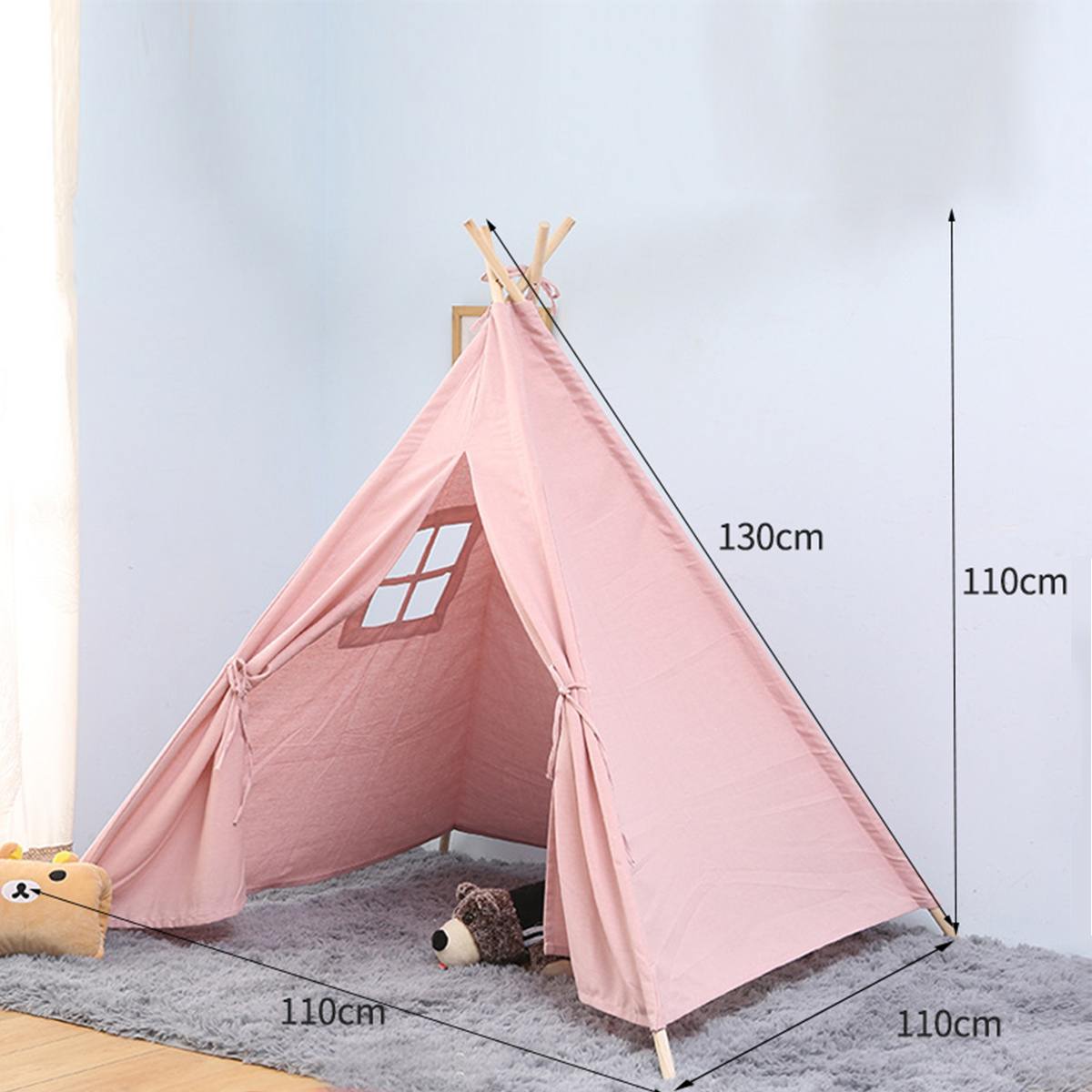 1.3m-Large Canvas Teepee Tent Kids Teepee Tipi with Grey Pom Poms Indian Play Tent House Children Tipi Tee Pee Tent NO MAT: Pink