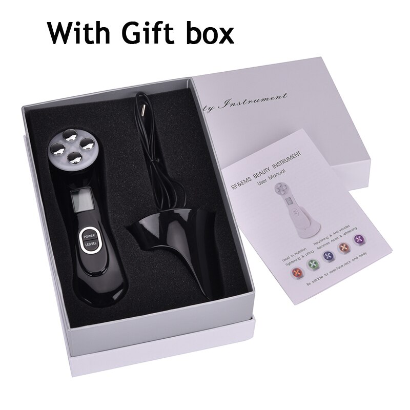 5 in 1 LED skin Tightening Device RF/EMS Mesotherapy Electroporation Beauty Radio Frequency LED Photon Face Skin Rejuvenation: Black With Box