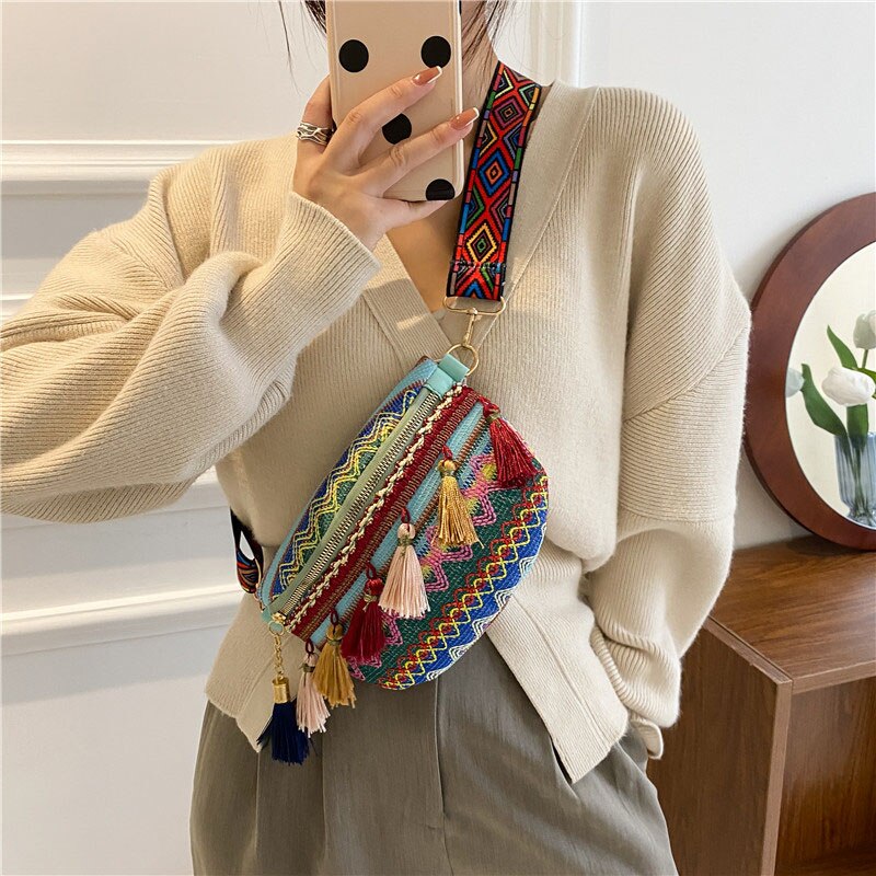 Riñonera de estilo étnico para mujer, bolso de cintura con correa ajustable de Color variado, con decoración de flecos, bandolera informal para el pecho, novedad