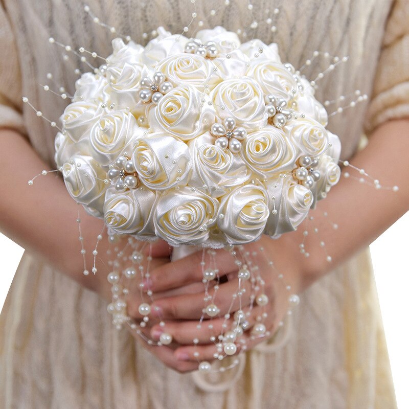 Janevini 2020 nova noiva flores cetim rosa pérolas rosa casamento buquê de cristal nupcial buquê fleur artificielle branco broche: Marfim