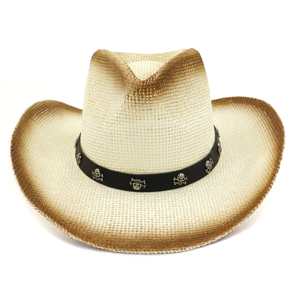 Qbhat Bruin Spray Verf Mannen Vrouwen Papier Stro Zon Cowboy Hoeden Met Schedel Riem Decor Zomer Brede Rand Zonnehoed Panama strand Cap