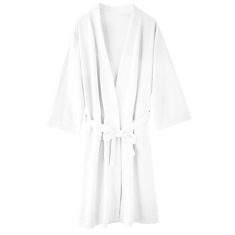 Unisex Loose Belted Quick Dry Bath Robe Waffle Weave Open Front Kimono Nightgown X5XD