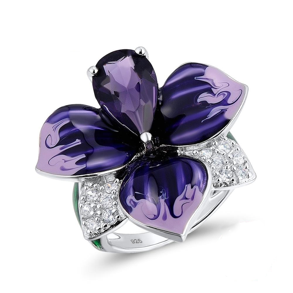 100% Zilveren Kleur Prachtige Emaille Ringen Vrouwen Grote Paarse Steen En Deep Purple Enamel Bloem Ring Voor Vrouwen Partij Sieraden
