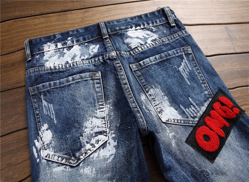 Pantalones vaqueros elásticos rasgados con agujeros para hombre, Jeans rasgados de retales con agujeros a la , otoño e invierno,