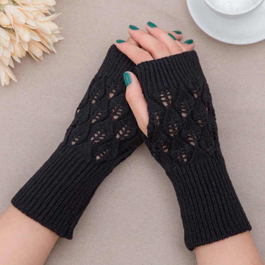 Guanti da donna eleganti scaldamani guanti invernali braccio da donna uncinetto a maglia guanto finto scaldamuscoli caldi senza dita guanti: Black