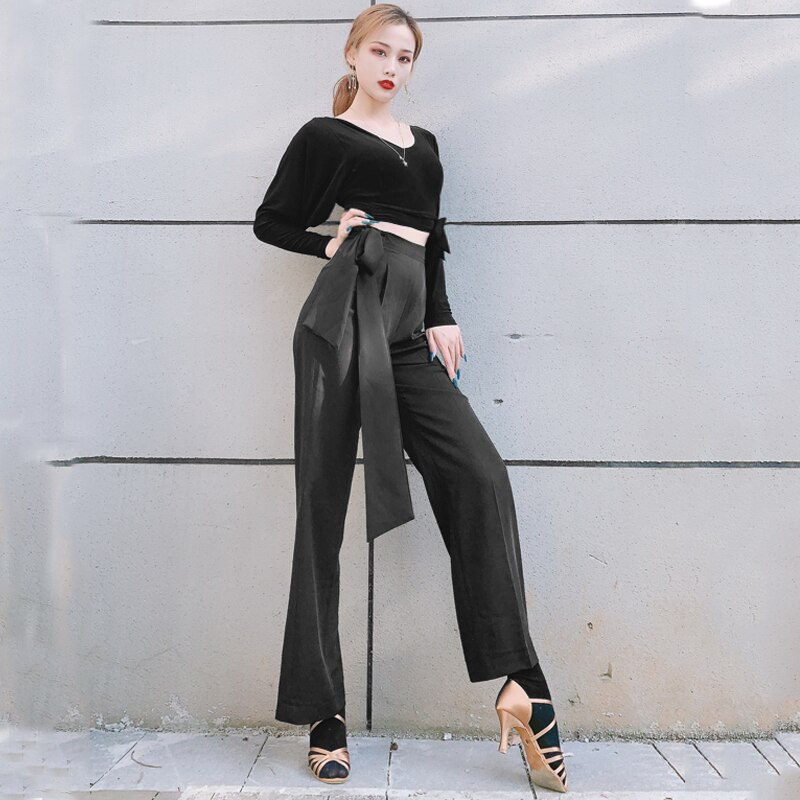 Pantaloni da ballo latino da donna nastri pantaloni a gamba larga pantaloni neri Cha Cha rubinetto abbigliamento da ballo pratica abbigliamento da competizione DNV14134