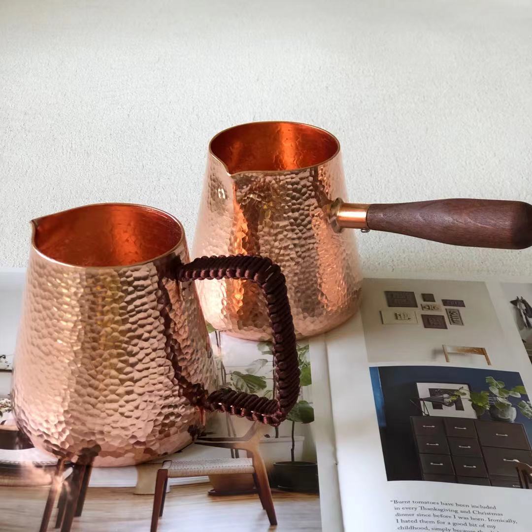 Pichet à lait en cuivre pur de 500ml, pichet à lait avec poignée en bois, bouilloires à marteau, artisanat, vaisselle