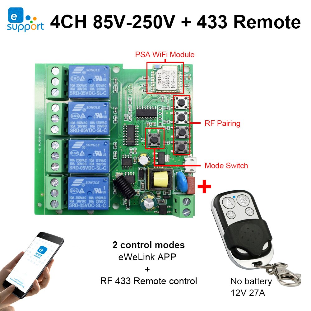 Ewelink Smart Afstandsbediening Wifi Draadloze Schakelaar Module 1CH/4CH DC5V 12V 32V 220V Tippen Zelf-Vergrendeling Rf Ontvangen 10A Relais: AC85-250 and Remote
