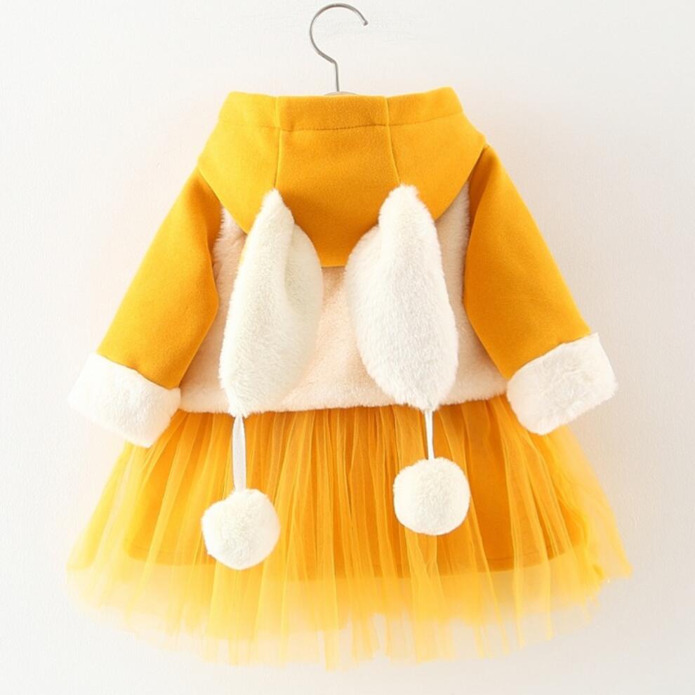 Moda uszy królika dziewczynka sukienka zimowa ładny gruby kaszmir sukienka + kwiat futro kamizelka dziewczyny odzież 2 sztuk zestaw dla 1 2 3 4 5 lat