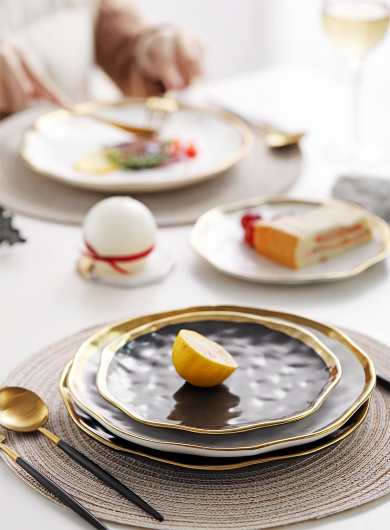 Ceramic Dinner Plate Gold Inlay Snack Dishes Luxury Gold Edges Plate Dinnerware Kitchen Plate Black White Tray TablEware Set